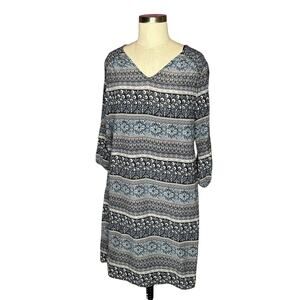 GARNET HILL Blue White Patterned Smock Detail Silk Dress Women's Size 12 Mini